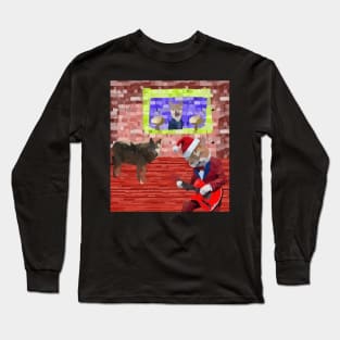 watercolor cat playing guitar with wolf Long Sleeve T-Shirt